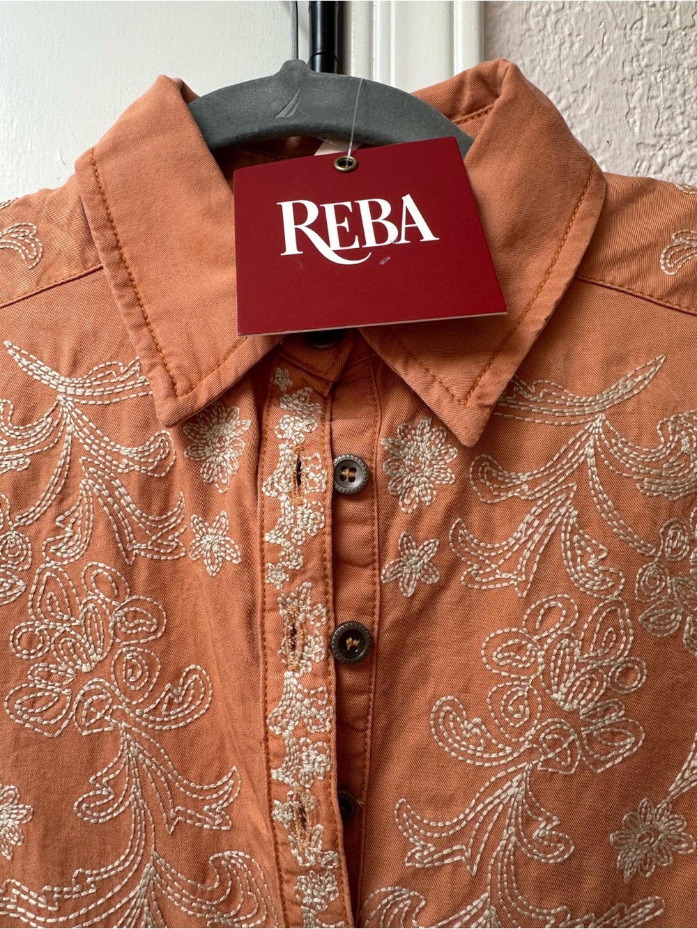 Reba Rust Embroidered Button-Front Shirt Jacket with Cream Stitching